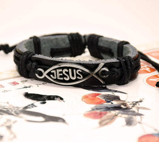 Small fish Jesus Leather Twine Bracelet