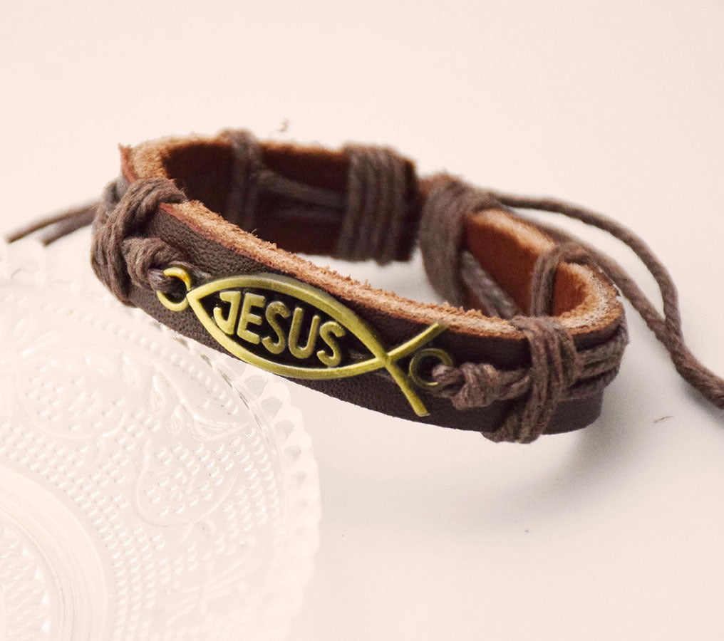 Small fish Jesus Leather Twine Bracelet