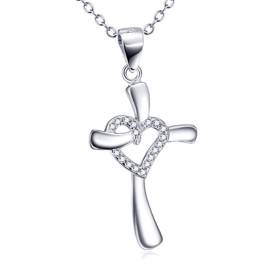 925 Sterling Silver Love Diamond Cross Necklace