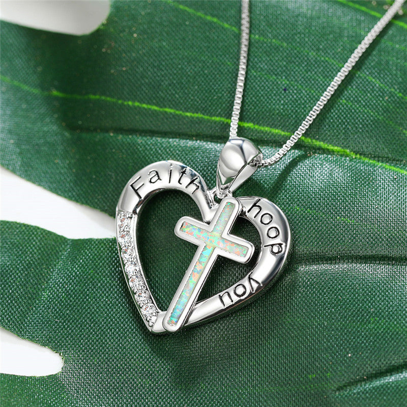 Opal Love Heart Shaped Jesus Cross Necklace Pendant