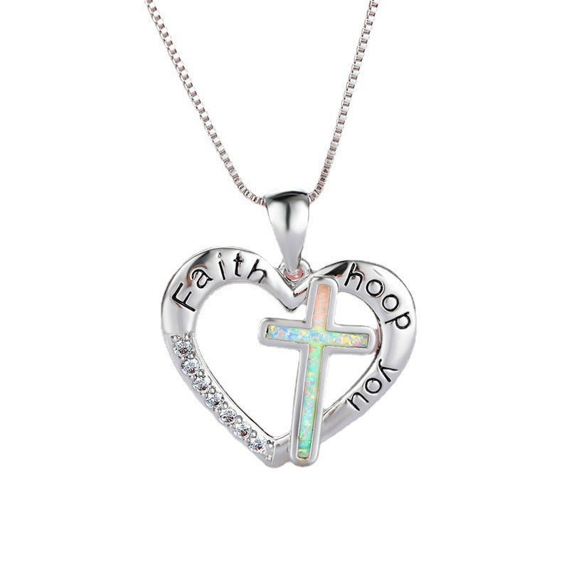 Opal Love Heart Shaped Jesus Cross Necklace Pendant