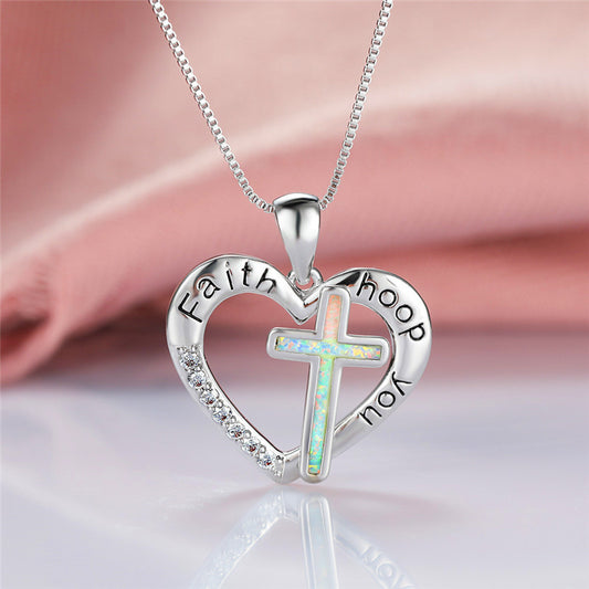 Opal Love Heart Shaped Jesus Cross Necklace Pendant