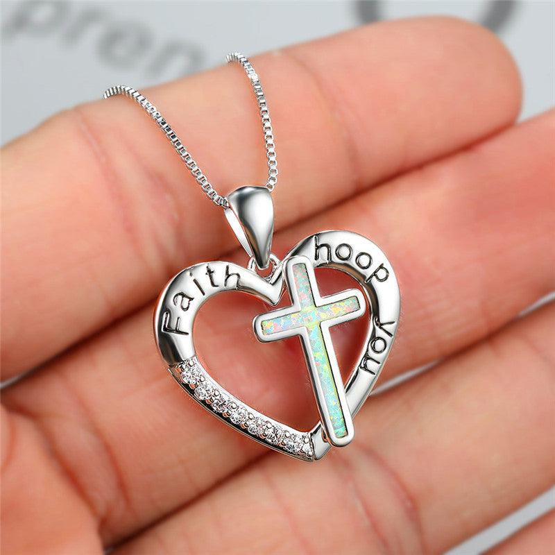 Opal Love Heart Shaped Jesus Cross Necklace Pendant