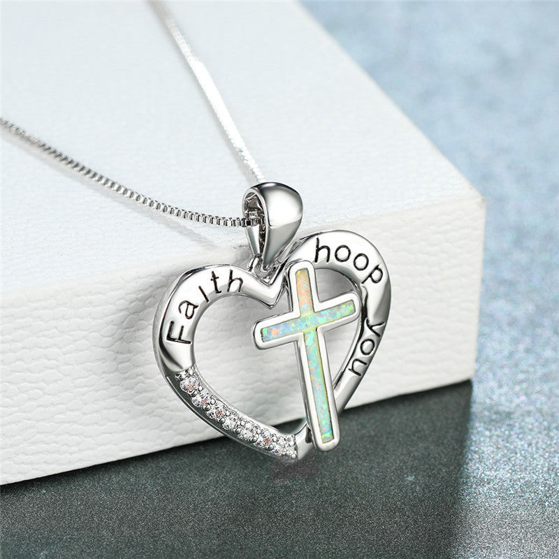 Opal Love Heart Shaped Jesus Cross Necklace Pendant