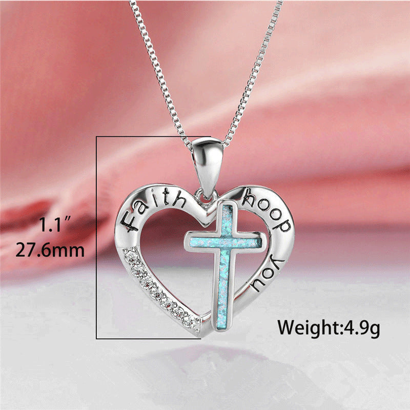 Opal Love Heart Shaped Jesus Cross Necklace Pendant